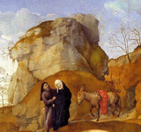 Joseph and Mary traveling to Bethlehem. 