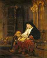 Prophet Hannah in the temple; Samuel's prayer testing. Workshop of Rembrandt