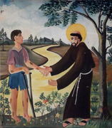 Priest reaching out to help a man with leprosy. 