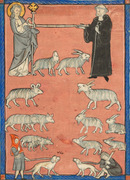 Christ and a Monk Holding the Ends of a Staff and Two Shepherds with their Flock. Anonymous