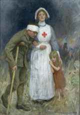 Poster of Red Cross Nurse with Soldier and Child. 