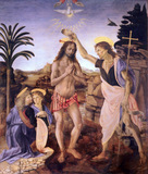 Baptism of Christ. Verrocchio, Andrea del, 1435?-1488 and Leonardo, da Vinci, 1452-1519