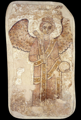Archangel Michael with a horn trumpet and an orb. 