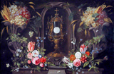 Still Life of Flowers and Grapes encircling a Monstrance in a Niche. Kessel, Jan van, 1626-1679